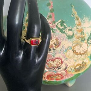 Gorgeous Bezel-set Octagonal Red Glass Cabochon Ring, Unmarked